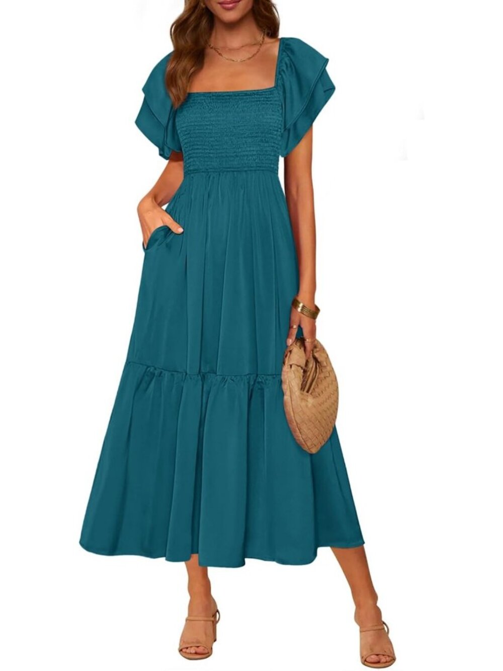 Summer Casual Smocked Flowy Midi Dress for Women - Perfect for Beach & Parties